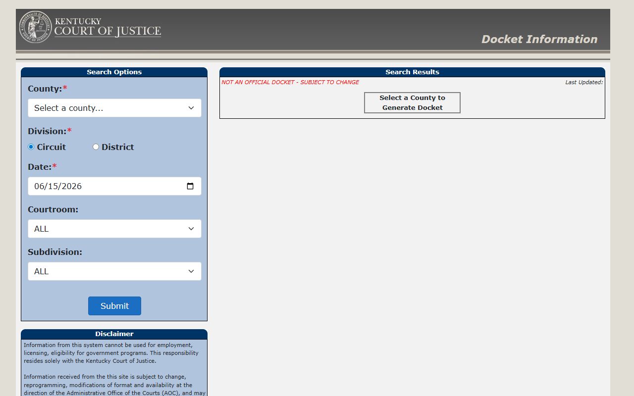 Wolfe County court records after jail arrest Kentucky docket search fields