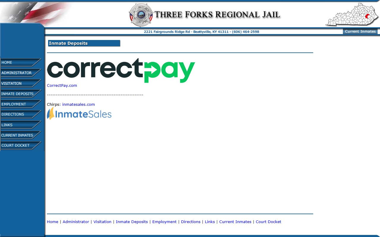 Three Forks Regional Jail inmate deposit page for Wolfe County custody
