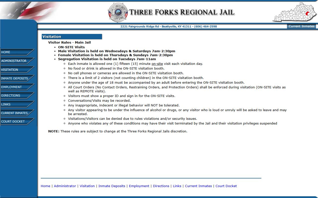 Wolfe County inmate records visitation schedule for Three Forks Regional Jail